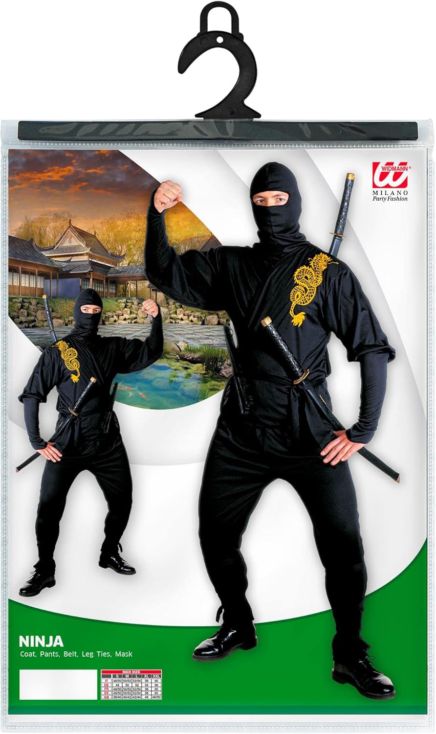 Widmann - Kostüm Ninja, Coat, Hose, Rock, Gürtel, Beinbänder, Maske, Kämpfer, Krieger, Motto-Party, Karneval