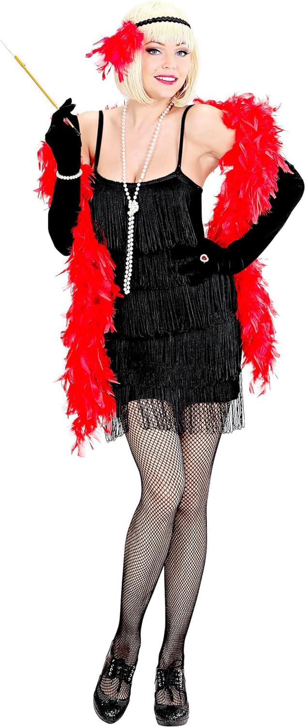 Widmann - Charleston costume, dress and headband, black strap dress with fringes, sequin headband with black feather, 20s, flapper