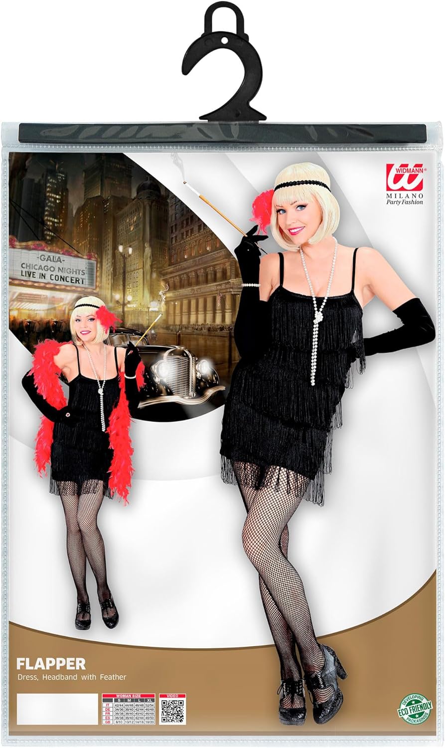Widmann - Charleston costume, dress and headband, black strap dress with fringes, sequin headband with black feather, 20s, flapper