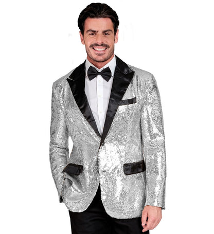 Widmann Party Fashion Jacket (Silver Sequin Jacket With Satin Collar And Pockets) (XL) Silver