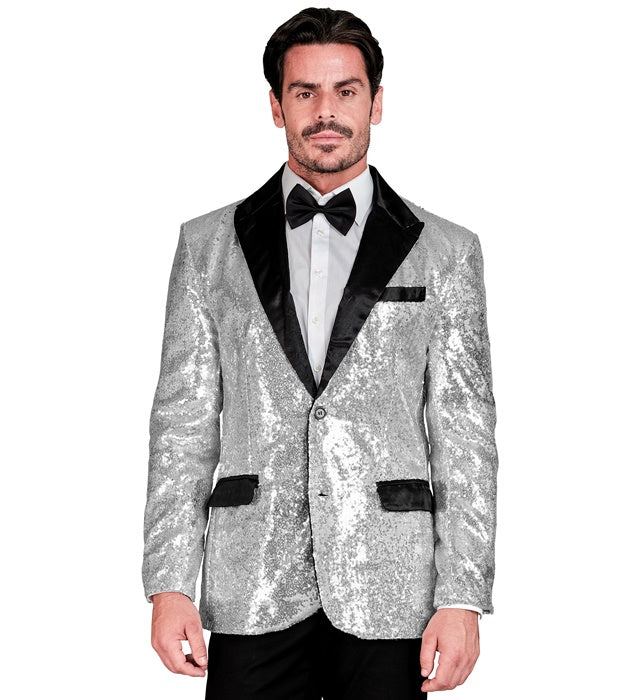 Widmann Party Fashion Jacket (Silver Sequin Jacket With Satin Collar And Pockets) (XL) Silver