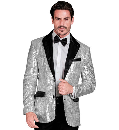 Widmann Party Fashion Jacket (Silver Sequin Jacket With Satin Collar And Pockets) (XL) Silver