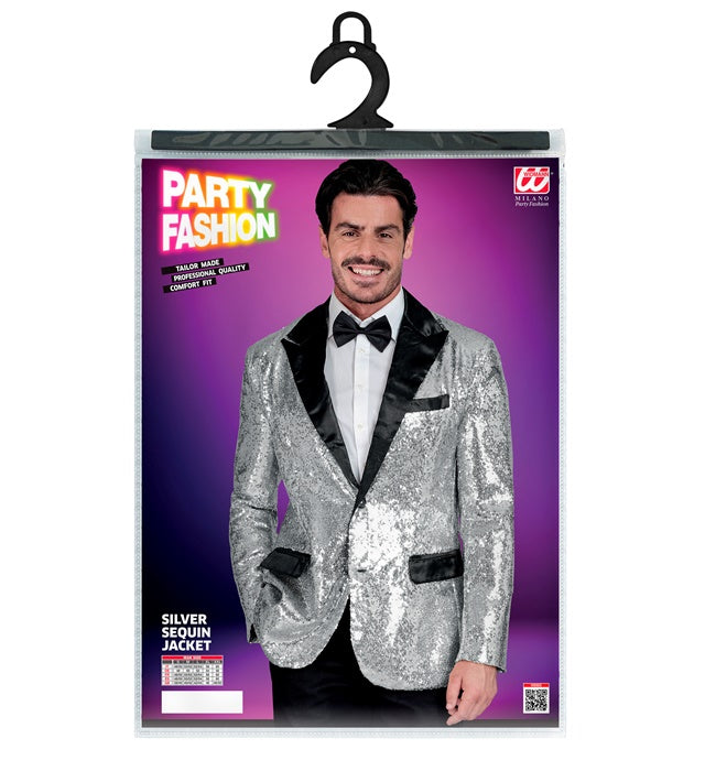 Widmann Party Fashion Jacket (Silver Sequin Jacket With Satin Collar And Pockets) (XL) Silver