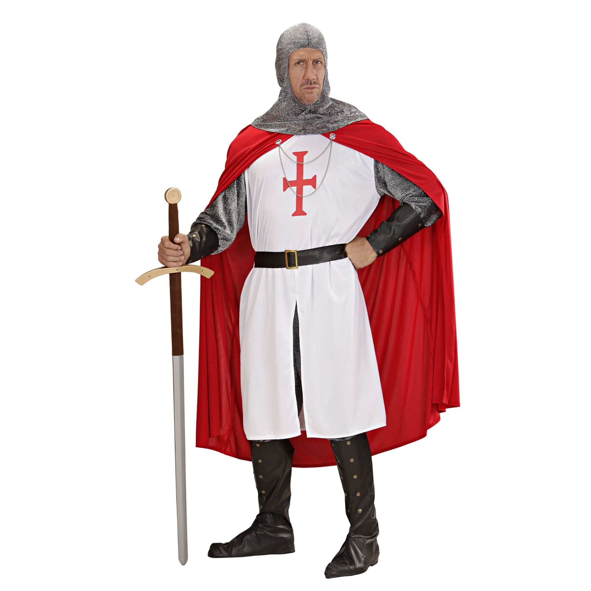 Widmann - Crusader Costume, Long Tunic, Trousers, Belt, Bracelets, Helmet, Boot Covers, Cape, Medieval, Warrior, Fighter, Theme Party, Carnival