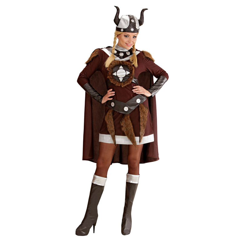 Widmann - Adult costume Viking Viktoria, dress, belt, helmet, boot covers, cape, gallier, warrior, theme party, carnival
