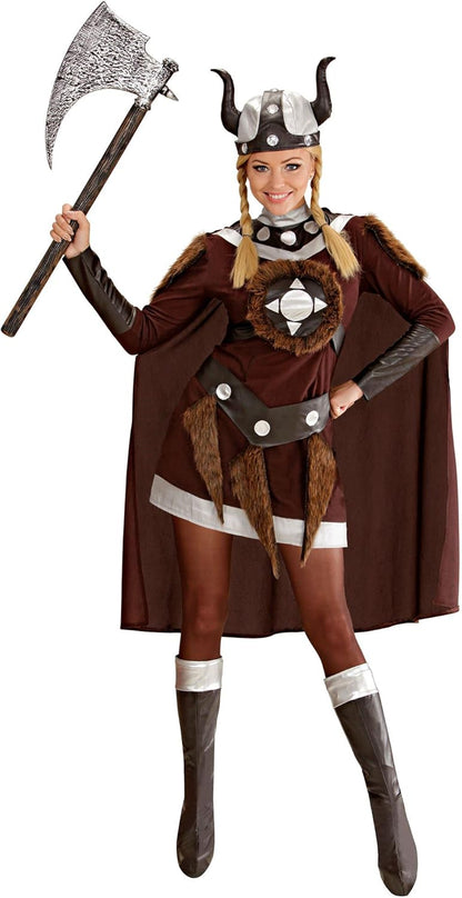 Widmann - Adult costume Viking Viktoria, dress, belt, helmet, boot covers, cape, gallier, warrior, theme party, carnival