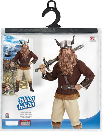 Widmann - Costume Viking Velkan, tunic, trousers, belt, helmet, boot covers, Gaul, warrior, theme party, carnival