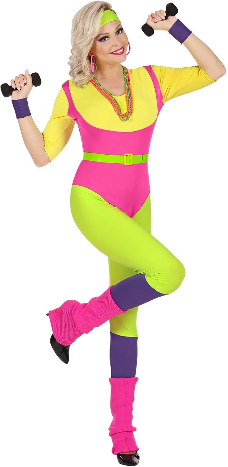 Widmann - Kostüm 80er Jahre Mode Girl, ärmelloses Shirt, Leggings, Beinstulpen, Stirnband, 2 Armbänder, Disco, Mottoparty, Karneval