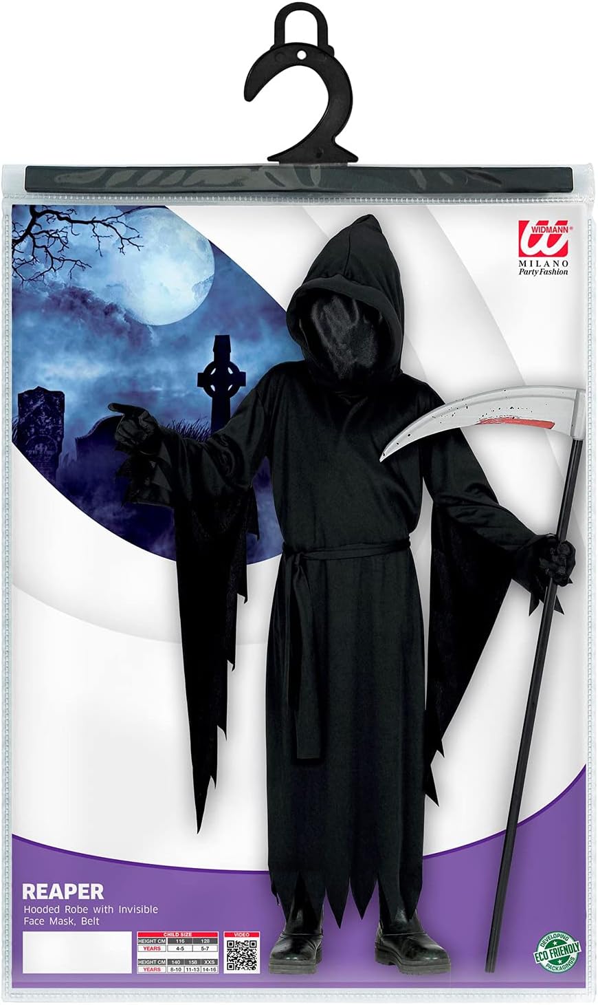 Widmann Children's Costume Grim Reaper 2-Piece Robe with Hood and Mask, Belt, Invisible Face, Grim Reaper, Killer, Costume, Fancy Dress, Theme Party, Carnival, Halloween 116