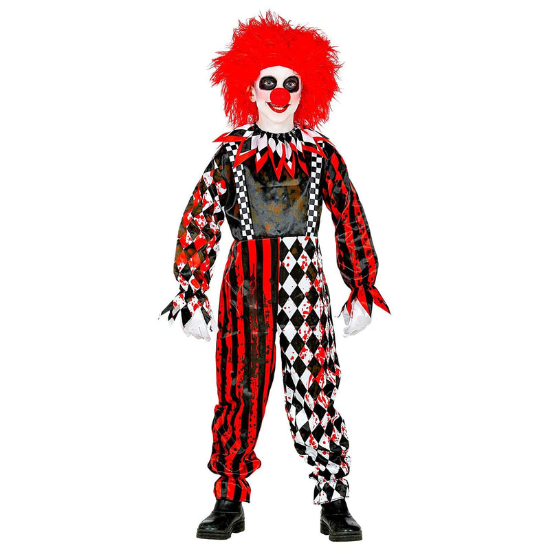 Widmann 52518 Children's Clown, Jumpsuit with Collar, Blood smeared, Checks, Stripes, Horror, Psycho, Killer, Costume, Fancy Dress, Theme Party, Carnival, Halloween, Unisex Kids, 158 Cm, 158