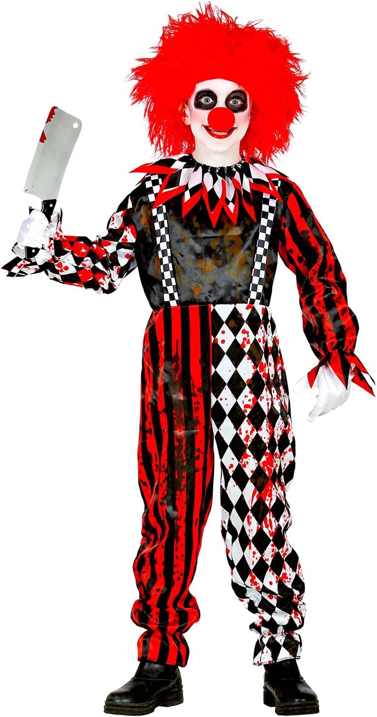 Widmann 52518 Children's Clown, Jumpsuit with Collar, Blood smeared, Checks, Stripes, Horror, Psycho, Killer, Costume, Fancy Dress, Theme Party, Carnival, Halloween, Unisex Kids, 158 Cm, 158