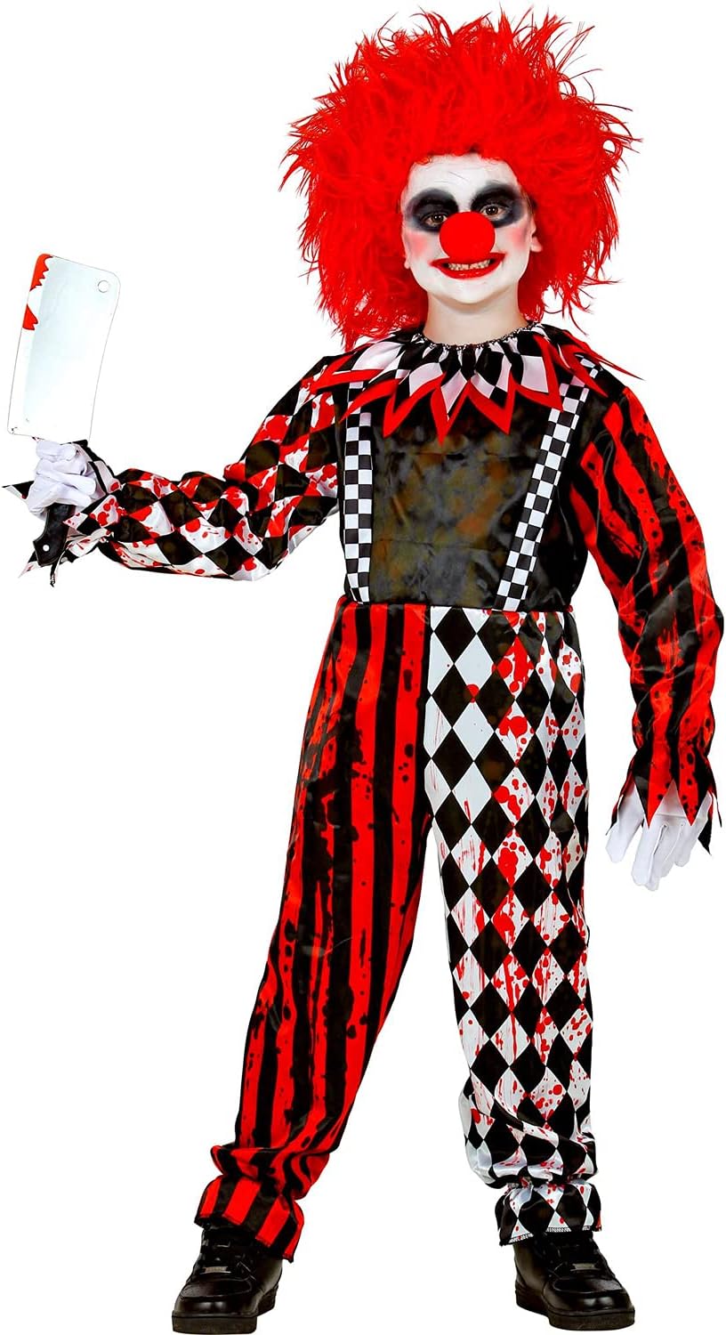Widmann 52518 Children's Clown, Jumpsuit with Collar, Blood smeared, Checks, Stripes, Horror, Psycho, Killer, Costume, Fancy Dress, Theme Party, Carnival, Halloween, Unisex Kids, 158 Cm, 158