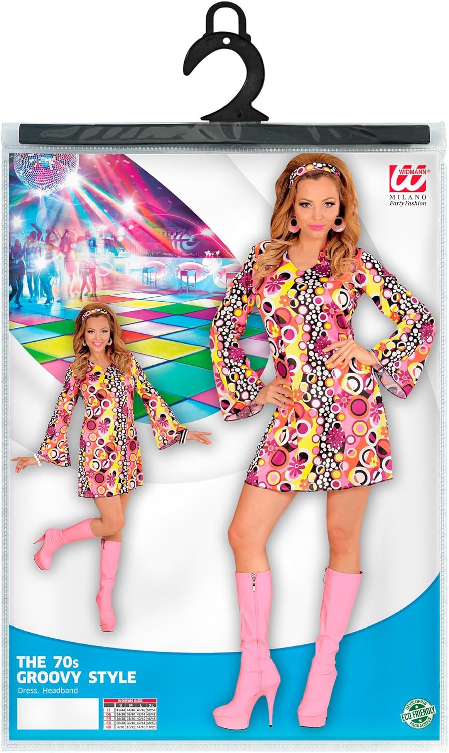 Widmann - Kostüm Groovy Girl, Kleid und Stirnband, 70er Jahre, Disco Fever, Motto-Party, Karneval L Yellow / Pink