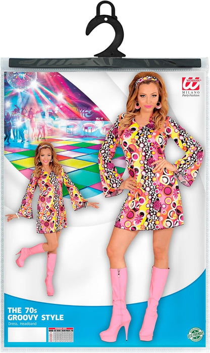 Widmann - Kostüm Groovy Girl, Kleid und Stirnband, 70er Jahre, Disco Fever, Motto-Party, Karneval L Yellow / Pink