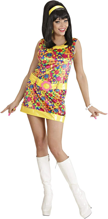 Widmann - Kostüm Peace and Love Girl, aus Samt, Kleid, Gürtel, Stirnband, 60er Jahre, Karneval, Mottoparty