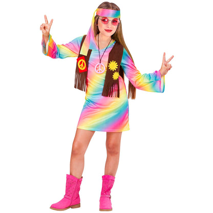 Widmann - Kinderkostüm Hippie Girl, Kleid mit Weste, Stirnband, Peace, Flower-Power, Motto-Party, Karneval 158