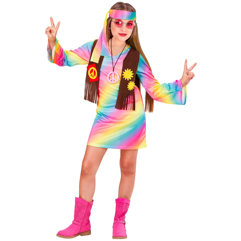 Widmann - Kinderkostüm Hippie Girl, Kleid mit Weste, Stirnband, Peace, Flower-Power, Motto-Party, Karneval 158