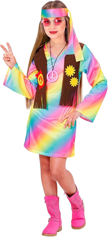 Widmann - Kinderkostüm Hippie Girl, Kleid mit Weste, Stirnband, Peace, Flower-Power, Motto-Party, Karneval 158