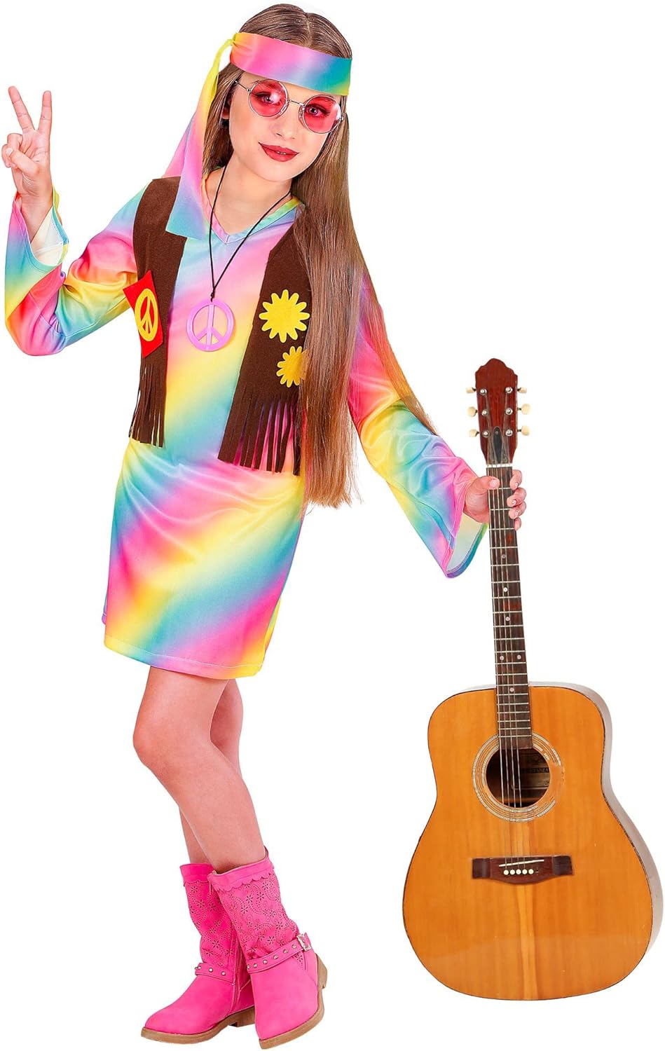 Widmann - Kinderkostüm Hippie Girl, Kleid mit Weste, Stirnband, Peace, Flower-Power, Motto-Party, Karneval 158