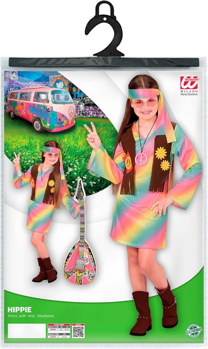 Widmann - Kinderkostüm Hippie Girl, Kleid mit Weste, Stirnband, Peace, Flower-Power, Motto-Party, Karneval 158