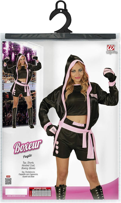 Widmann 73961 Adult Women's Boxer Costume, Top, Shorts, Jacket with Hood and Boxing Gloves S Black