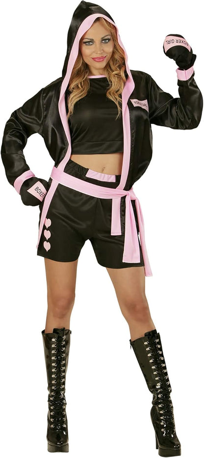 Widmann 73961 Adult Women's Boxer Costume, Top, Shorts, Jacket with Hood and Boxing Gloves S Black
