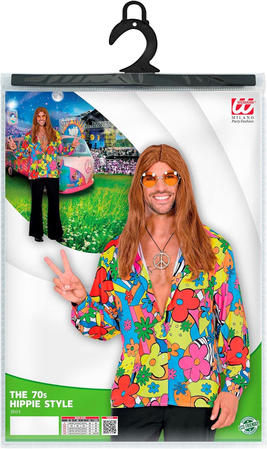 WIDMANN Adult Mens Flowery Multicoloured Hippie Shirt. Includes Shirt. Fancy Dress Costume, Outfit, World Book Day, Halloween, Carnival, 60s, Flower Power, Hippy