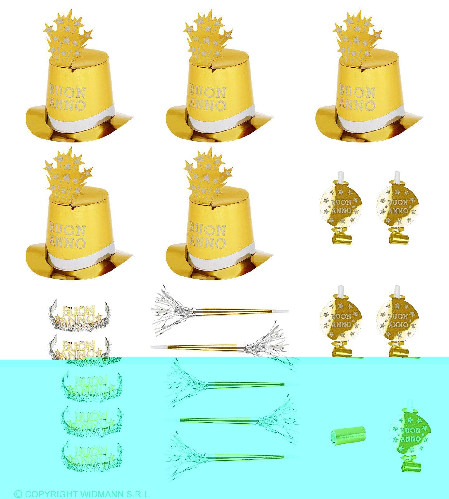 WIDMANN 8000B - Buon Anno Party Kit for 10 People, Adult Unisex, 5 Cylinders, 5 Crowns, 5 Sound Trumpets, 5 Sound Languages, 10 Streamers, New Year's Eve, Gold Color