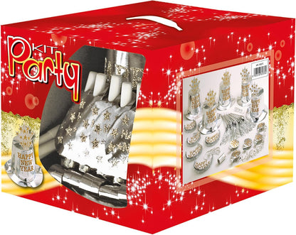 Silver Happy New Year Party Kit For 10 Persons (5 Top Hats, 5 Crowns, 5 Sounding Trumpets, 5 Sounding Blow-Outs, 1 Roll Of 10 Decorative Streamers)