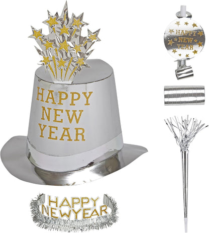 Silver Happy New Year Party Kit For 10 Persons (5 Top Hats, 5 Crowns, 5 Sounding Trumpets, 5 Sounding Blow-Outs, 1 Roll Of 10 Decorative Streamers)
