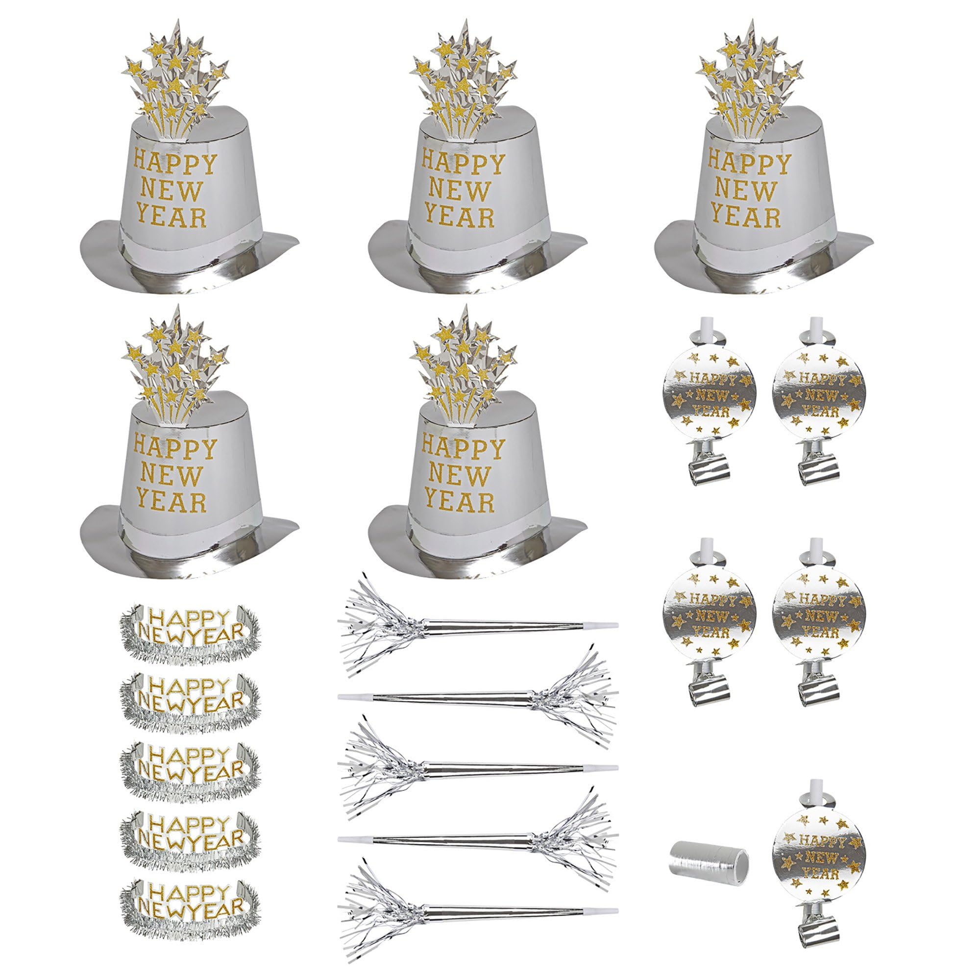 Silver Happy New Year Party Kit For 10 Persons (5 Top Hats, 5 Crowns, 5 Sounding Trumpets, 5 Sounding Blow-Outs, 1 Roll Of 10 Decorative Streamers)
