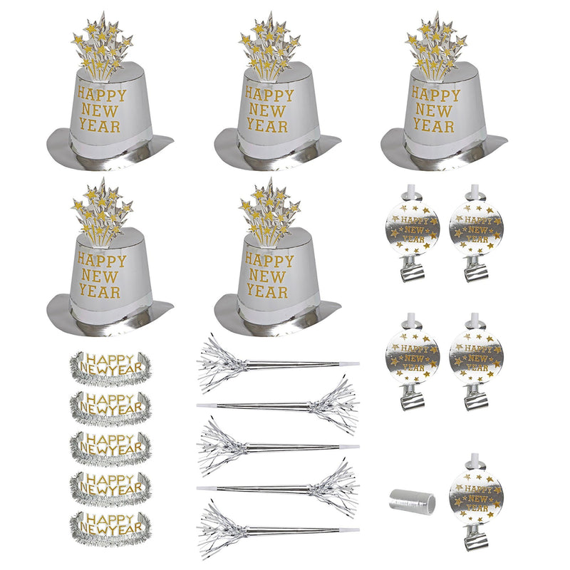 Silver Happy New Year Party Kit For 10 Persons (5 Top Hats, 5 Crowns, 5 Sounding Trumpets, 5 Sounding Blow-Outs, 1 Roll Of 10 Decorative Streamers)