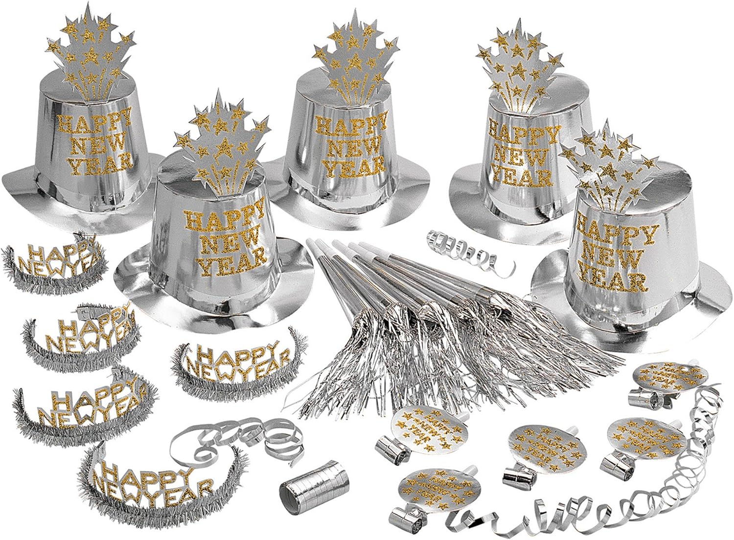 Silver Happy New Year Party Kit For 10 Persons (5 Top Hats, 5 Crowns, 5 Sounding Trumpets, 5 Sounding Blow-Outs, 1 Roll Of 10 Decorative Streamers)