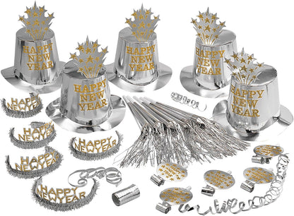 Silver Happy New Year Party Kit For 10 Persons (5 Top Hats, 5 Crowns, 5 Sounding Trumpets, 5 Sounding Blow-Outs, 1 Roll Of 10 Decorative Streamers)