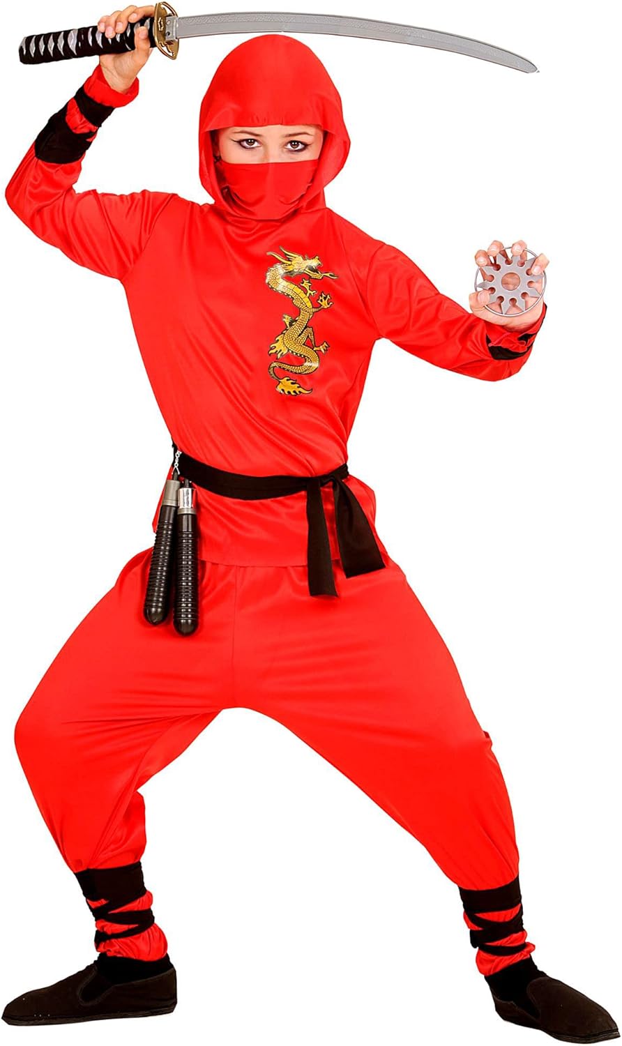 WIDMANN - Dragon Ninja Children's Costume, Hooded Top, Trousers, Belt, Face Mask, Red 116 Red