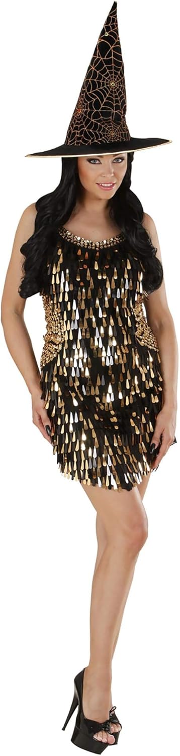 Ladies Sequin Dress - Black/Gold Costume Medium UK 10-12 for 70s Disco Fancy Dress