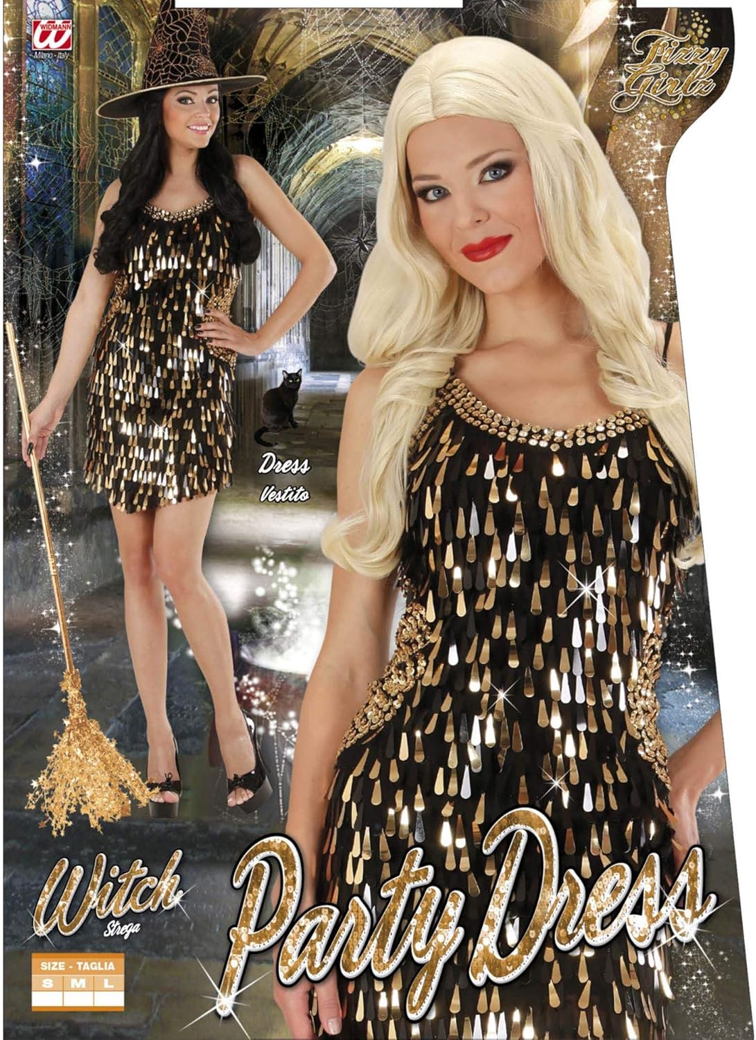 Ladies Sequin Dress - Black/Gold Costume Medium UK 10-12 for 70s Disco Fancy Dress