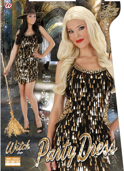 Ladies Sequin Dress - Black/Gold Costume Medium UK 10-12 for 70s Disco Fancy Dress
