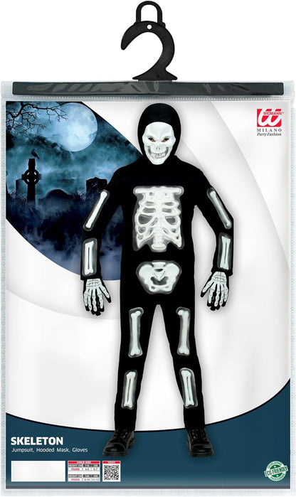 Widmann Children's Costume 3D Skeleton 4-Piece White Black Jumpsuit Mask with Hood and 1 Pair of Gloves Skull Bone Costume Fancy Dress Theme Party Carnival Halloween 128