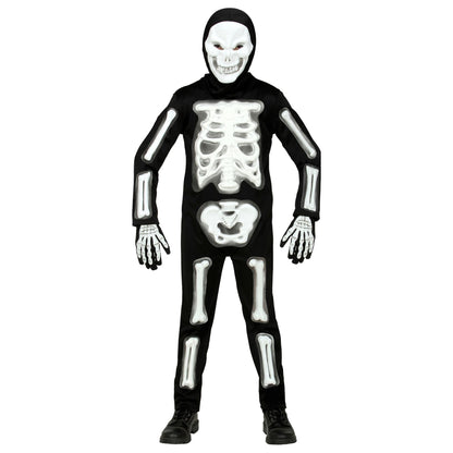 Widmann Children's Costume 3D Skeleton 4-Piece White Black Jumpsuit Mask with Hood and 1 Pair of Gloves Skull Bone Costume Fancy Dress Theme Party Carnival Halloween 128
