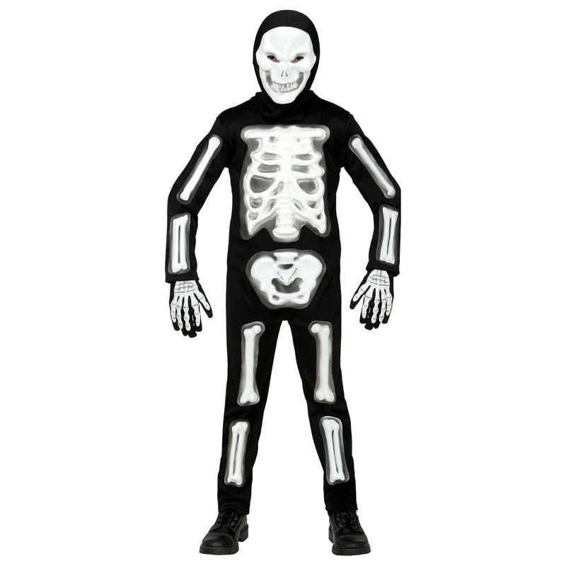 Widmann Children's Costume 3D Skeleton 4-Piece White Black Jumpsuit Mask with Hood and 1 Pair of Gloves Skull Bone Costume Fancy Dress Theme Party Carnival Halloween 128