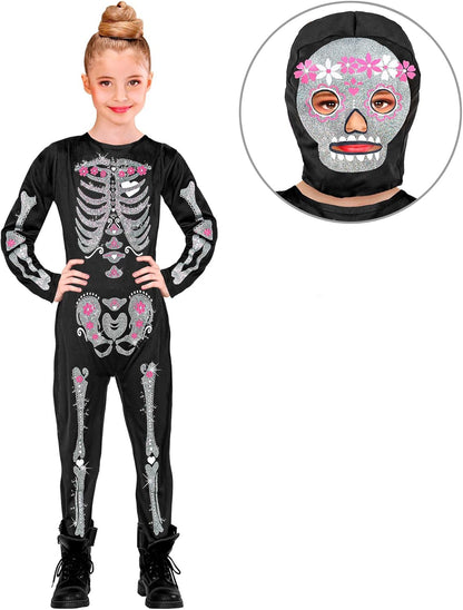Widmann Children's Costume Glitter Skeleton 2-Piece Jumpsuit and Mask with Hood Skull Bone Costume Fancy Dress Theme Party Carnival Halloween 116