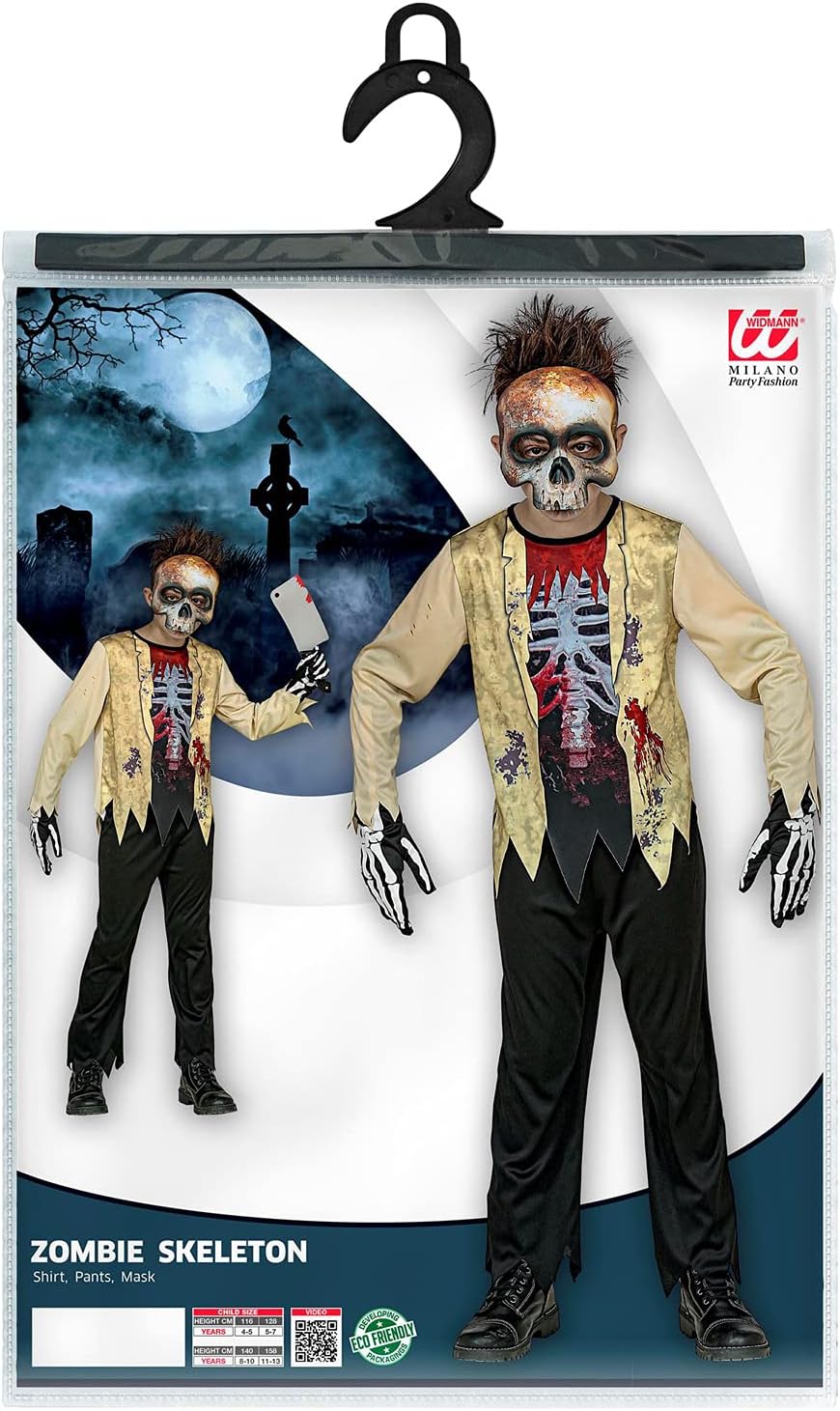 Widmann - Children's Zombie Skeleton 3-Piece Costume, Top, Trousers and Mask, Skull, Bone, Bloodsmeared, Horror, Psycho, Killer, Costume, Fancy Dress, Theme Party, Carnival, Halloween