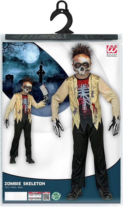 Widmann - Children's Zombie Skeleton 3-Piece Costume, Top, Trousers and Mask, Skull, Bone, Bloodsmeared, Horror, Psycho, Killer, Costume, Fancy Dress, Theme Party, Carnival, Halloween
