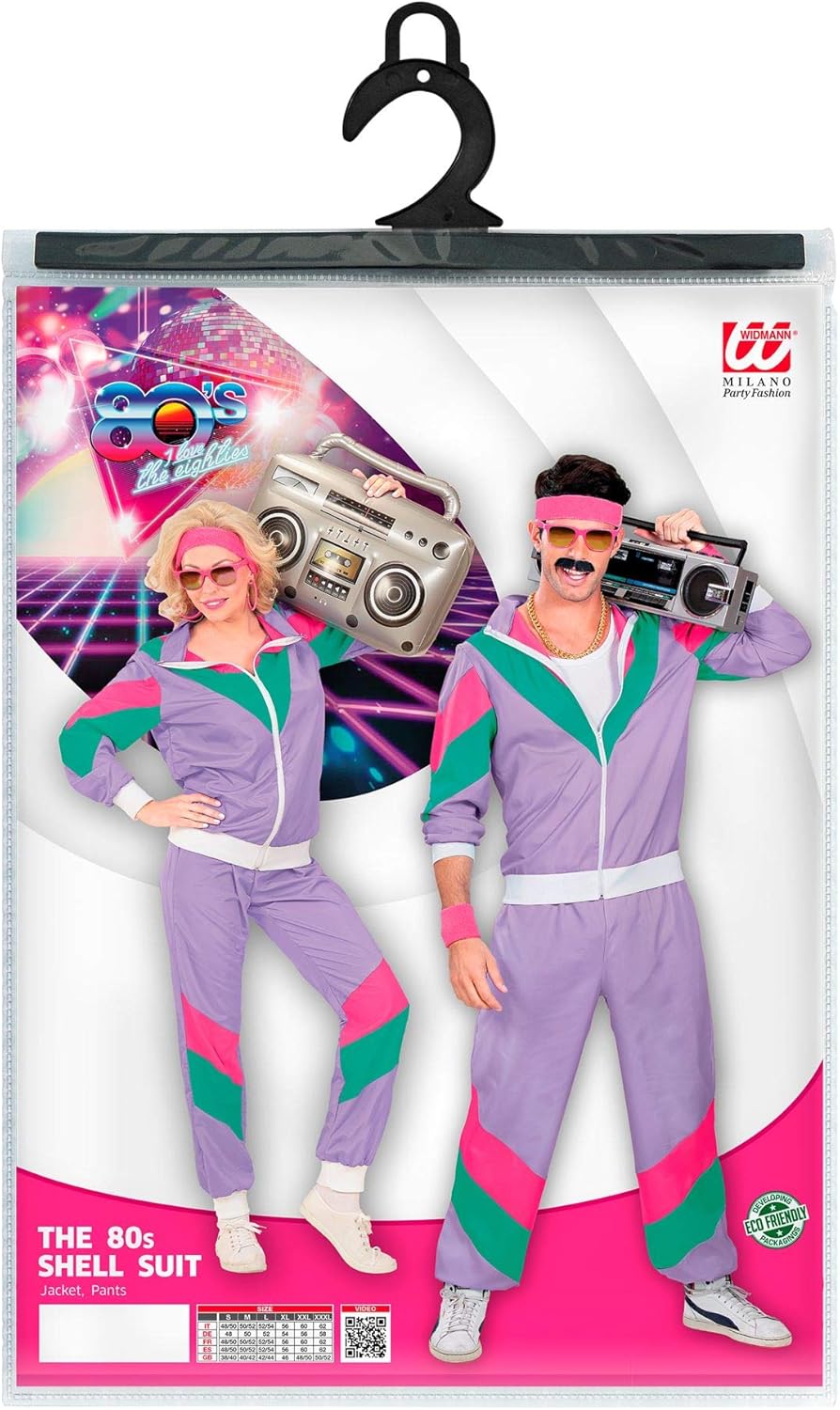 WIDMANN Unisex Men’s/Women’s 80s Track Suit. Purple, Pink and Green. Retro Party, Halloween and Carnival