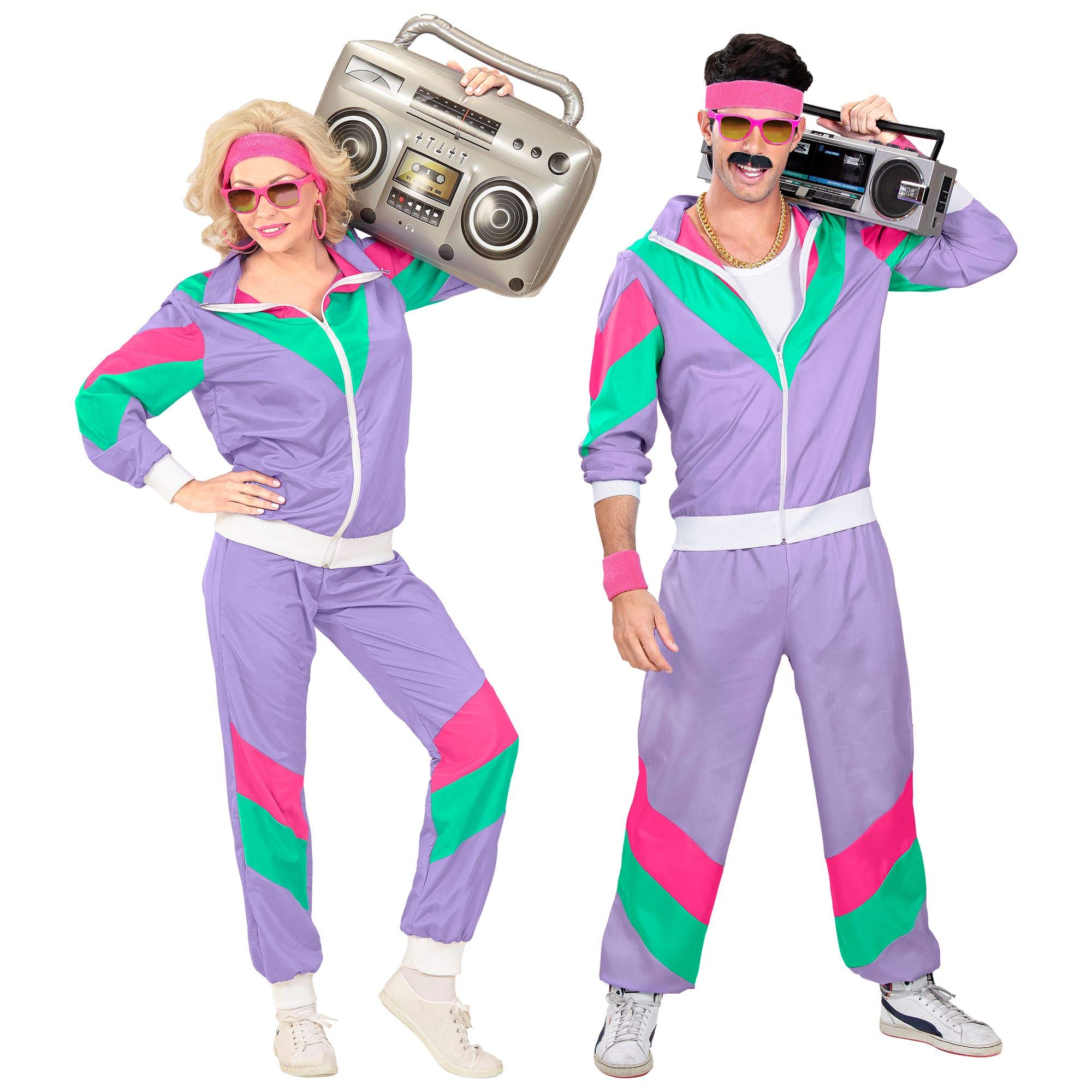 WIDMANN Unisex Men’s/Women’s 80s Track Suit. Purple, Pink and Green. Retro Party, Halloween and Carnival XL