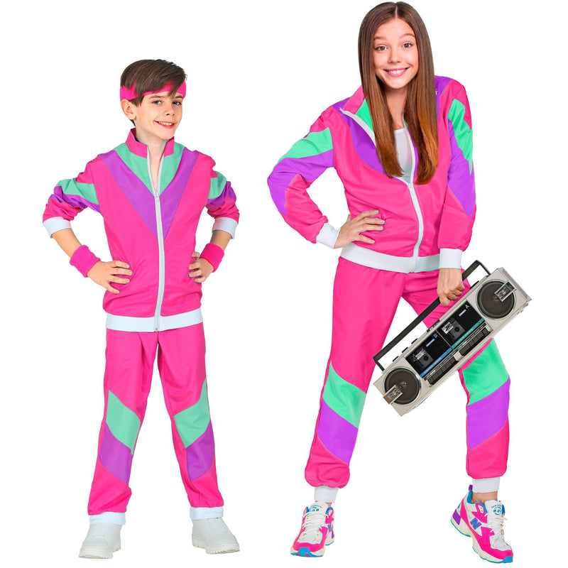 WIDMANN Children's Costume 80s Tracksuit, Jacket and Trousers, Jogging Suit, Retro Style, Bad Taste Party, Carnival, Unisex kids, multicoloured 116 Pink