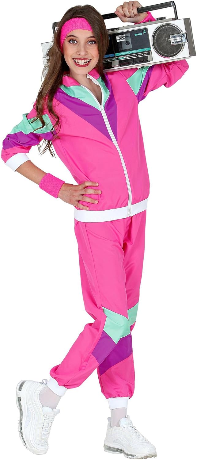WIDMANN Children's Costume 80s Tracksuit, Jacket and Trousers, Jogging Suit, Retro Style, Bad Taste Party, Carnival, Unisex kids, multicoloured 116 Pink