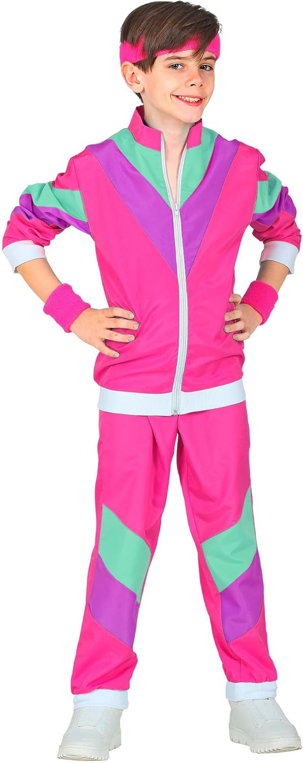 WIDMANN Children's Costume 80s Tracksuit, Jacket and Trousers, Jogging Suit, Retro Style, Bad Taste Party, Carnival, Unisex kids, multicoloured 116 Pink