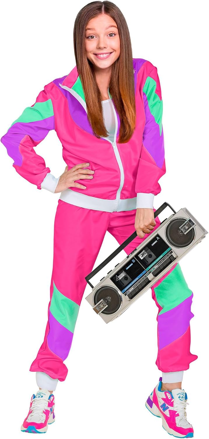 WIDMANN Children's Costume 80s Tracksuit, Jacket and Trousers, Jogging Suit, Retro Style, Bad Taste Party, Carnival, Unisex kids, multicoloured 116 Pink